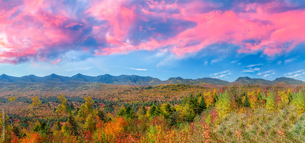 Autumn foliage in fall season. Red autumn landscapes in fall, trees and mountains of New England