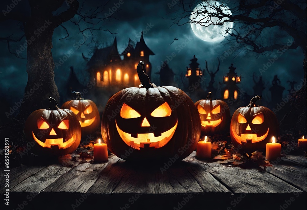 Halloween Jack-o'-Lantern: Spooky Forest Scene Halloween pumpkin head jack lantern with burning candles, Spooky Halloween Jack-o'-Lantern: Spooky Forest Scene Halloween pumpkin head jack lantern with burning candles, Spooky