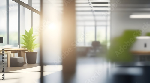 Beautiful blurred background of a light modern office interior with panoramic windows and beautiful lighting