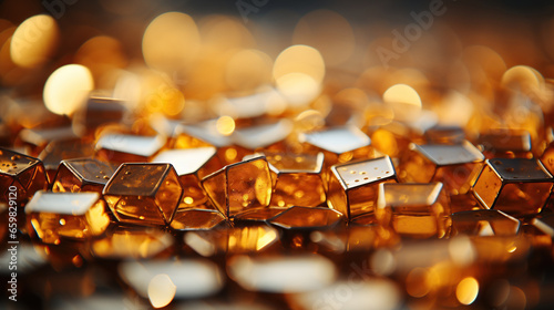 Close-up of golden crystals. Shallow depth of field. Selective focus. 