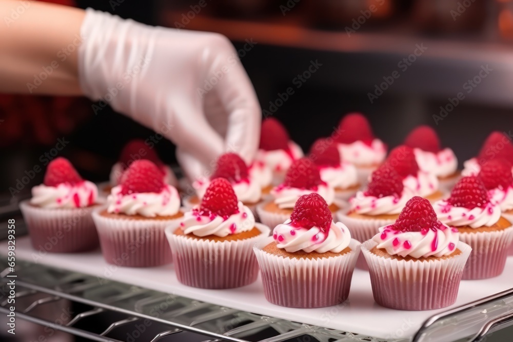 The cakes, freshly made with love, are featured in this photo. The woman's hands carefully place them on the tray, creating a wonderful combination of taste and visual appeal.