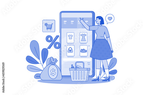 A young girl searching for goods in an e-shop
