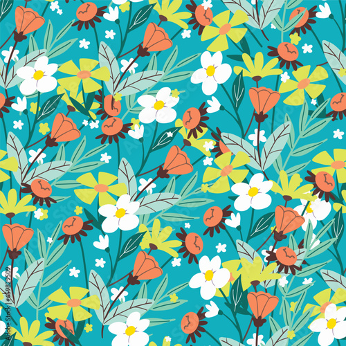 Seamless pattern of small flowers on a bright blue background. Vintage floral background  Seamless pattern for design wallpaper  gift wrap paper and fashion prints.