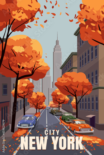 Travel vintage poster New York city autumn