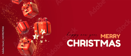 Merry Christmas and Happy New Year design template with gift box. Happy holidays. Special season offer.