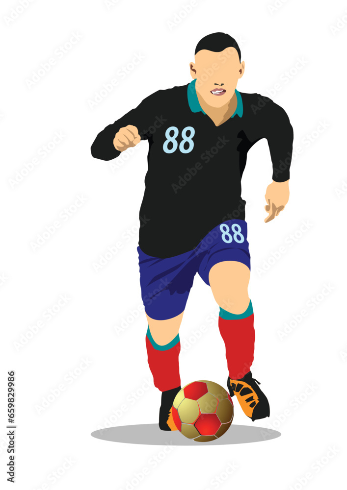Soccer player with ball. Colored 3d Vector illustration for designers