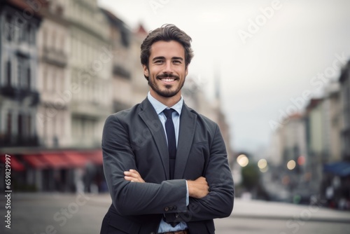 Businessman man concept. A man in a business suit against the background of the city. generative ai.