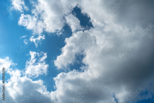 Blue Sky with White Clouds, Sunny Cloudy Sky Texture Background, Fluffy Clouds Pattern, Sunny Cumulus