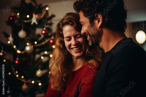 Joyful middle aged couple, a man and woman, next to it there is a Christmas decoration tree in the home. © radekcho