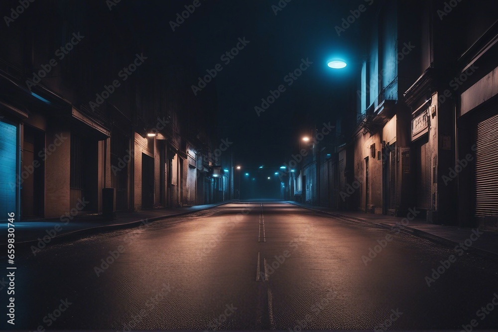 A dark empty street dark blue background an empty dark scene neon light spotlights The asphalt floor