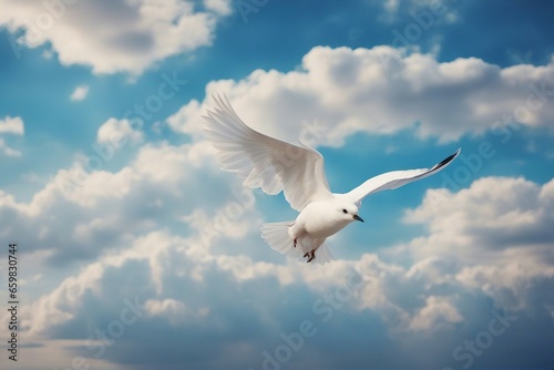 A painting of a sky with clouds and a white bird flying in the sky with a blue sky in the backgroun