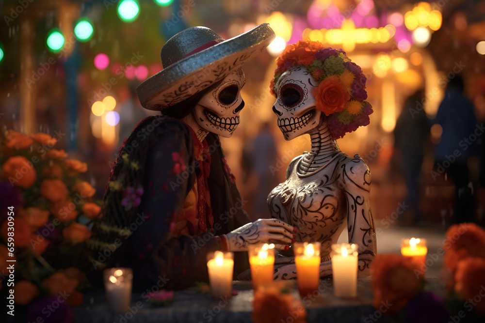 Couple in love with flowers and candles on Mexican Day of the Dead, skull 4