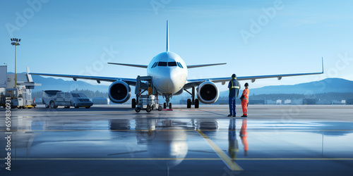 Airport service man and an airplane in airport © xartproduction