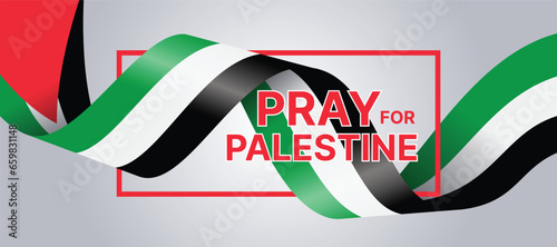 Pray for palestine - Text in red frame with long palestine flag roll waving cross around vector design