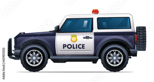 Police car side view vector illustration. Patrol official vehicle, suv 4x4 car isolated on white background