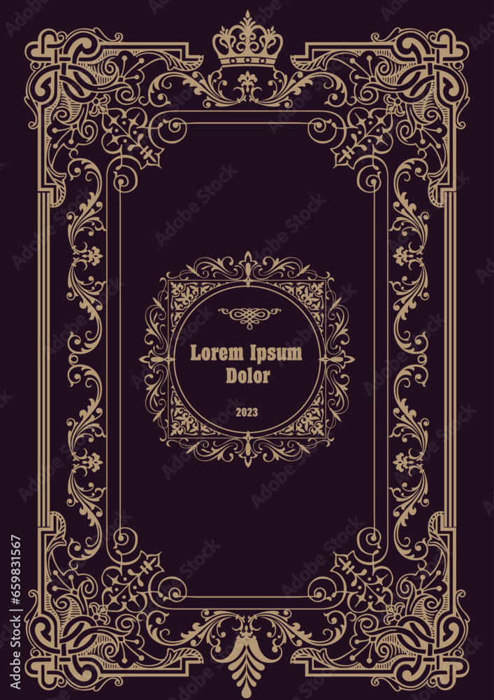 Ornate leather book cover and Old retro ornament frames. Royal Golden style design. Vintage Border to be printed on the covers of books. Vector illustration