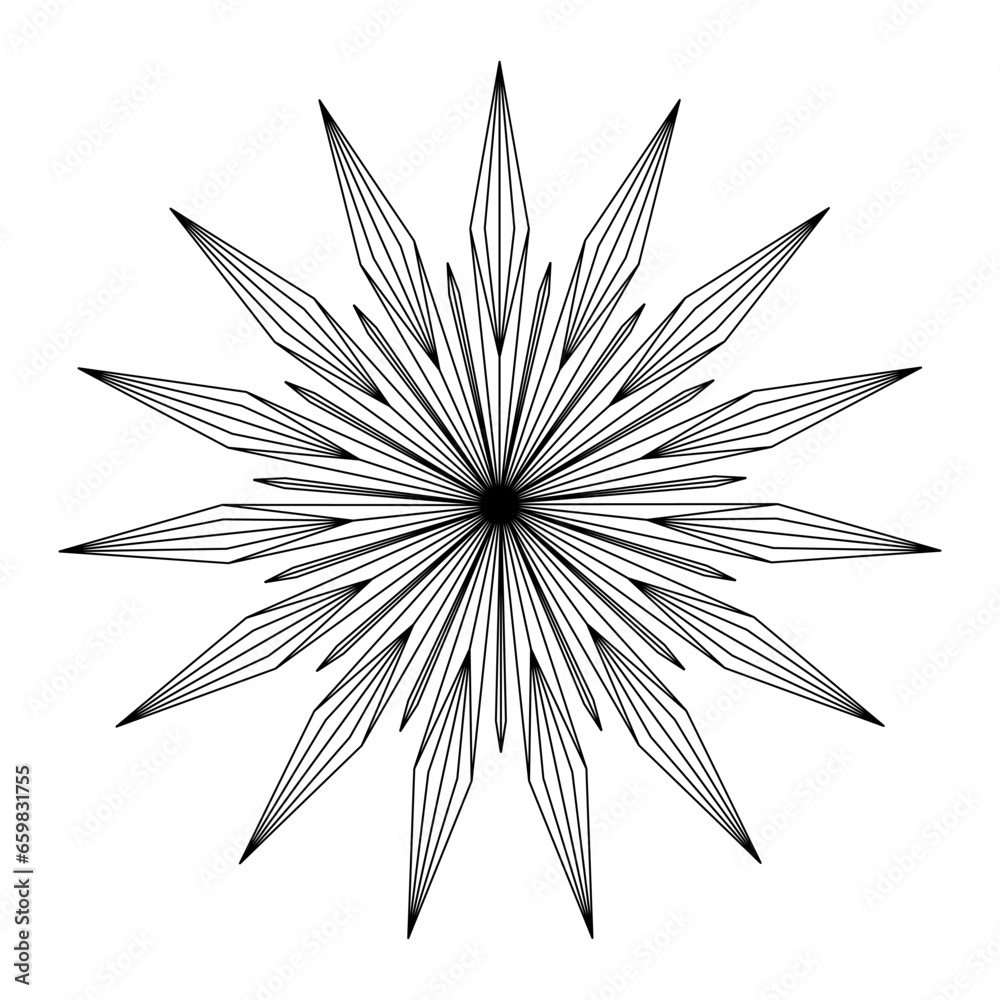 Obraz premium Hand drawn star, starburst, sunburst. Magic round symbol bursting sun rays. Bohemian circle talisman, antique style, boho, tattoo, logo. Vector sketch illustration isolated on white background