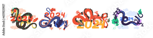 Chinese dragons set, 2024 New Year symbol. Oriental Asian zodiac animal. Mystic ancient reptile. Orient mythology fantasy monster. Flat graphic vector illustrations isolated on white background