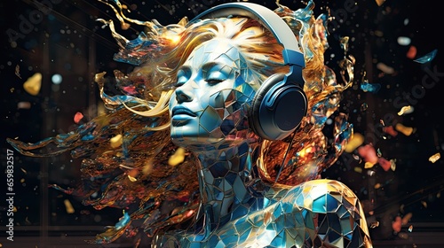 Shattered statue of woman wearing headphones. Cover image on the effects of listening to music