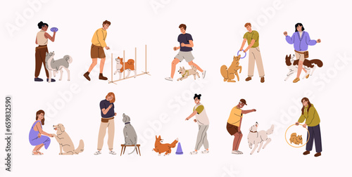 Canine trainers, owners training dogs agility, obedience, education. People giving commands to puppies, exercising with doggies, teaching pups. Flat vector illustrations isolated on white background
