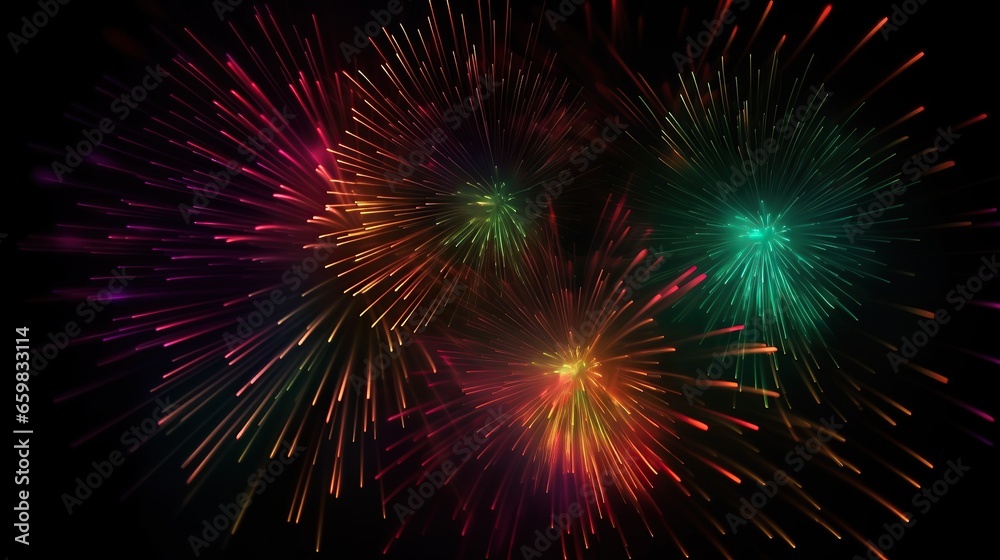 Multicolor fireworks explosion in night sky. Black background.