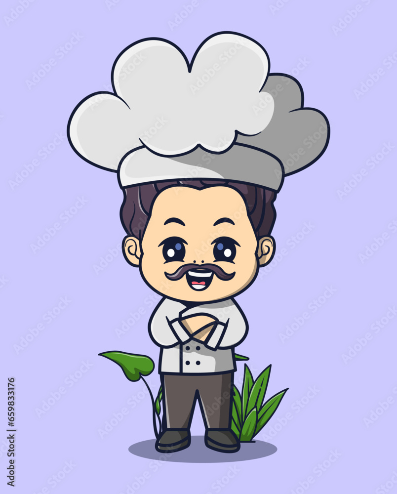 vector illustration of cute mustachioed chef wearing a hat. profession concept