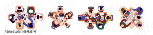 Work at table top view set. People study, discuss, planning, meeting, sitting around desk together in office. Teamwork in business, class, company, school. Flat isolated vector illustration on white