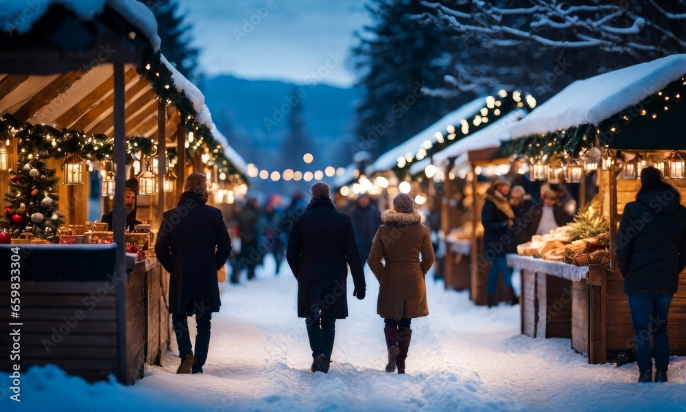 Obraz premium Enjoying Christmas Market, a couple walking near stalls, Generative AI