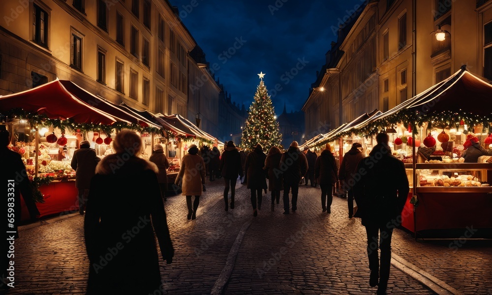 Enjoying Christmas Market, a couple walking near stalls, Generative AI