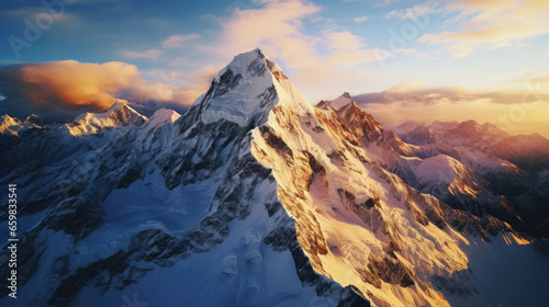 Mountain Majesty at Golden Hour: A Drone's Snowy Summit View © Erich