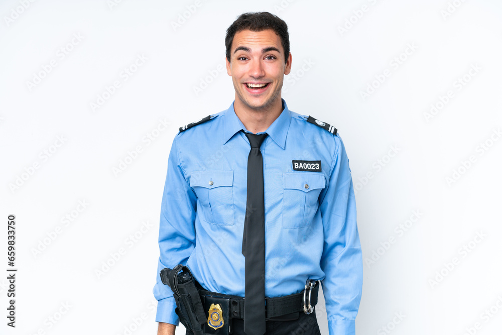 Young police caucasian man isolated on white background with surprise facial expression Young police caucasian man isolated on white background with surprise facial expression