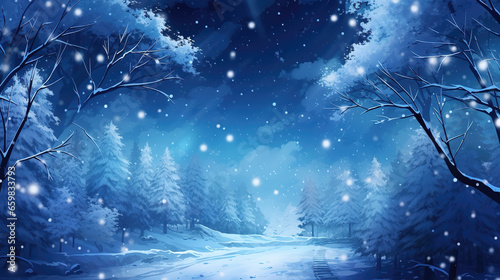 a night evening scene in a winter forest, anime wallpaper, ai generated image © Sternfahrer