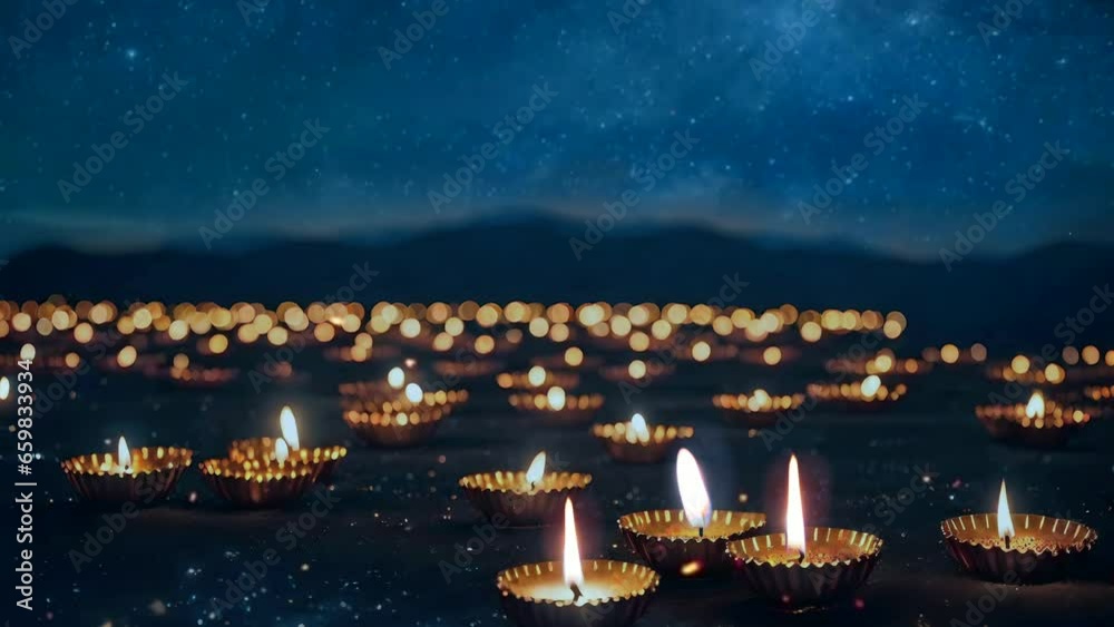 Beautiful multicolor diyas at night, diwali celebration concept, seamless looping video animated background