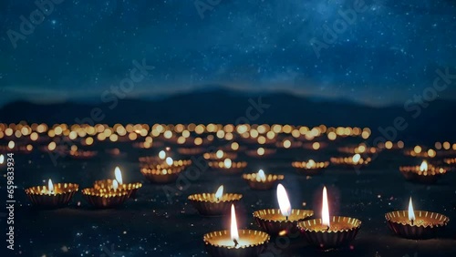 Beautiful multicolor diyas at night, diwali celebration concept, seamless looping video animated background