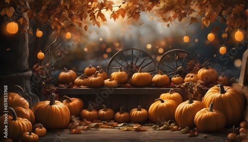 Autumn Fall Banner. Pumpkins Halloween Theme.  Halloween  Orange Pumpkins. Photo Realistic Eye Catching Autumn Wallpaper. Digital Art  Generative AI.