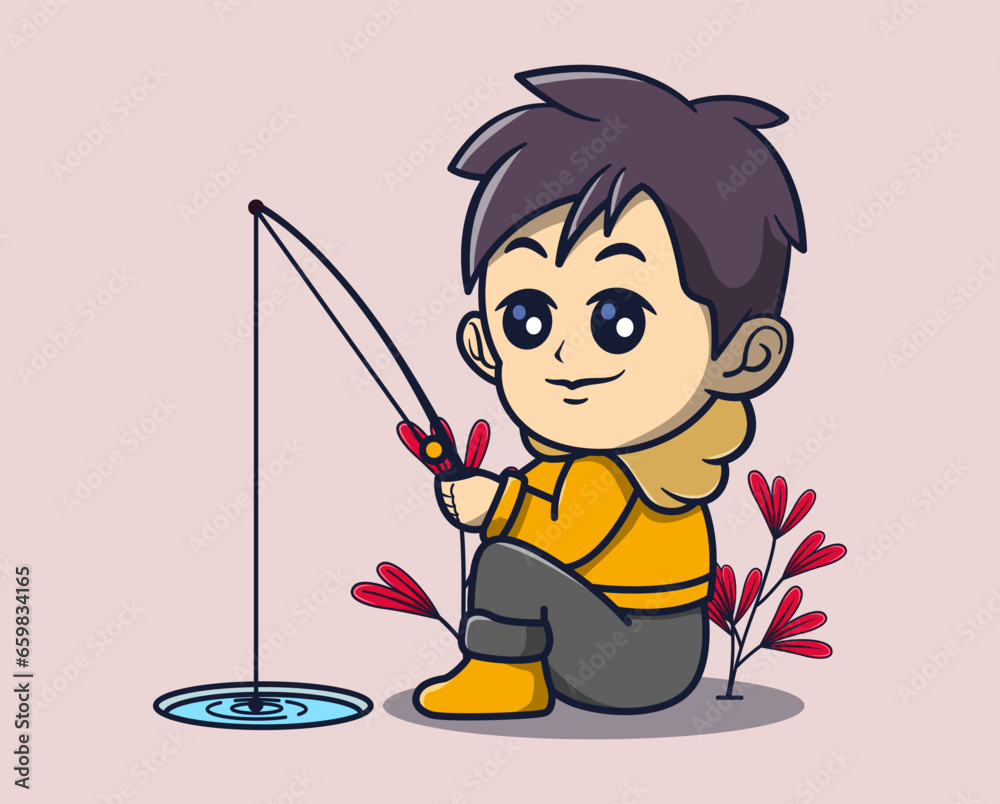 vector illustration of fishing at a cute water hole. plants around vector illustration of fishing at a cute water hole. plants around