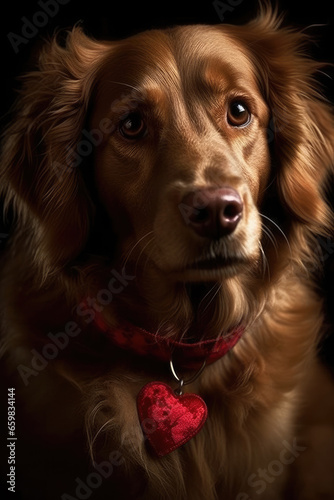 Golden retriever dog with a heart on his collar, looking forward, close-up © Irina B