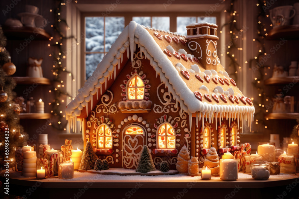 Luxurious Christmas gingerbread house on christmas kitchen background. Christmas baking, sweets. Hand decorated.Cozy home atmosphere, family time. Christmas greeting card cover