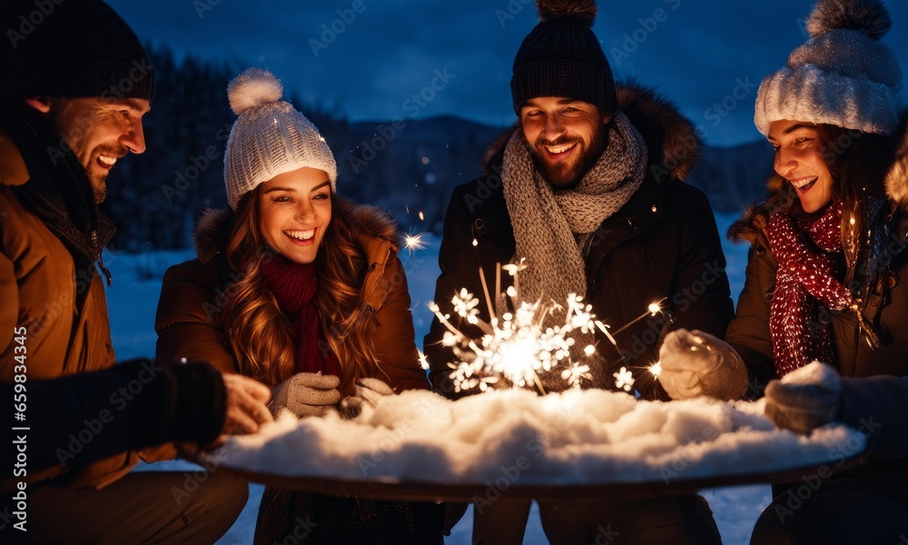 winter holidays and people concept - happy friends with sparklers celebrating christmas at home feast over snow, Generative AI - obrazy, fototapety, plakaty 