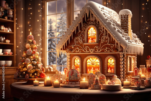 Luxurious Christmas gingerbread house on christmas kitchen background. Christmas baking  sweets. Hand decorated.Cozy home atmosphere  family time. Christmas greeting card cover