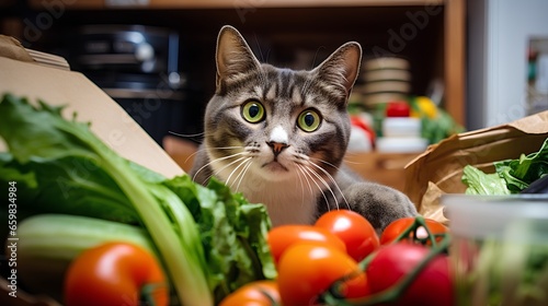 Suprised cat near colorful vegetables and fresh greens, suggesting a nutritious vegan diet for pets. Vegetarian diets for pets concept. Fresh food items for balanced and high value meal.