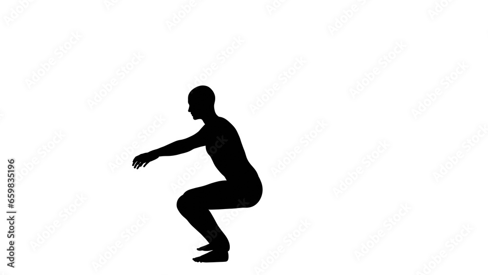 Silhouette of a beautiful young athletic man squatting, transparent background. 3d illustration (rendering).