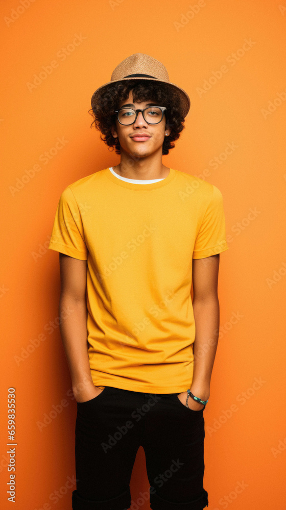Afro american boy in casual clothes and glasses over isolated yellow background.