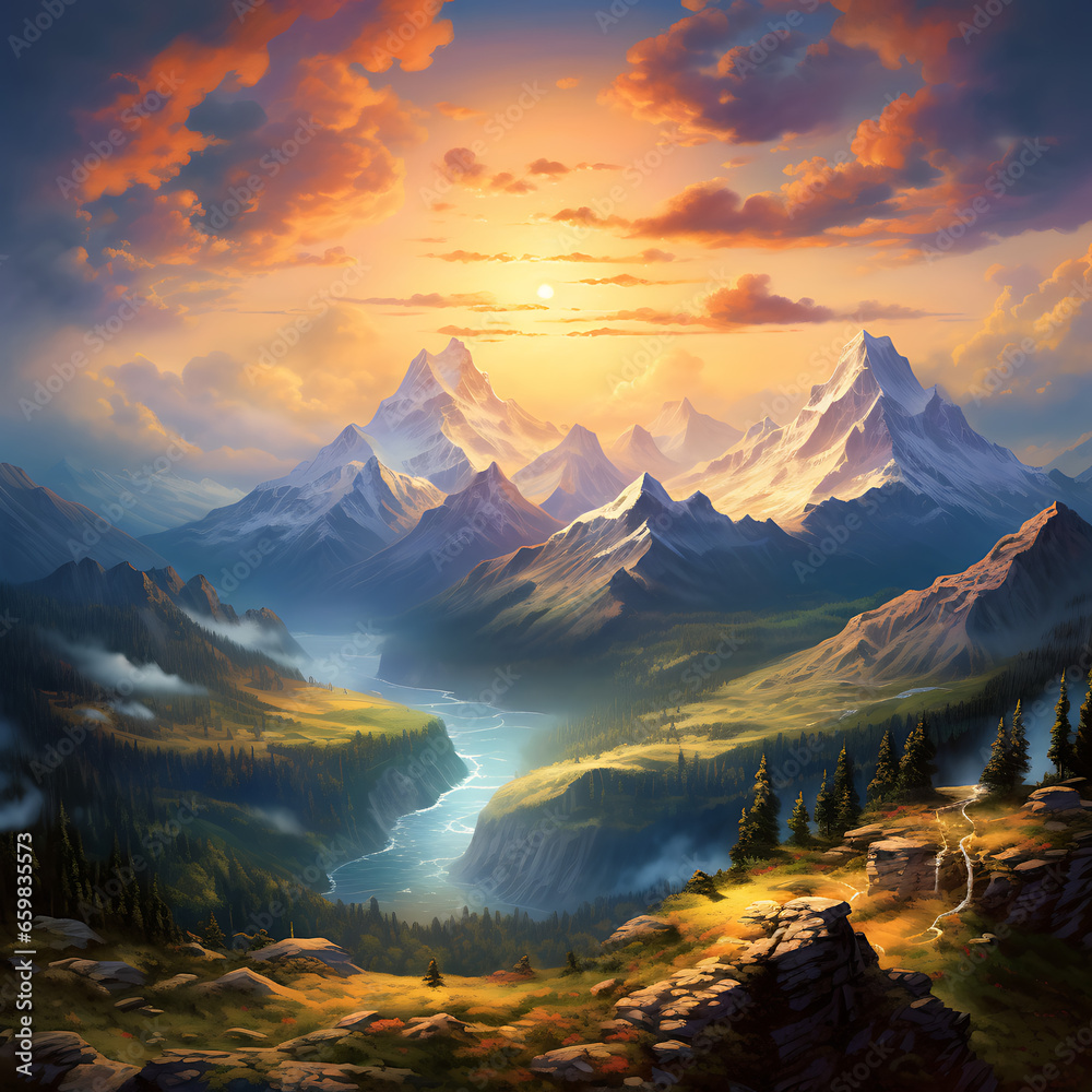 Breathtaking nature's beauty background. The sun peeks over towering mountain peaks, casting a warm, golden glow over a tranquil valley below