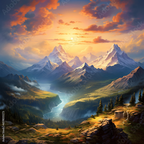 Breathtaking nature's beauty background. The sun peeks over towering mountain peaks, casting a warm, golden glow over a tranquil valley below