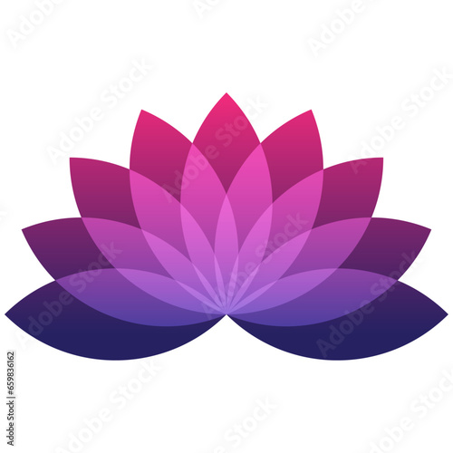 Lotus flower symbol, flat style magenta, purple, pink color vector icon object. Floral label with nine petals, wellness, health and yoga industry or meditation logo, isolated transparent background.