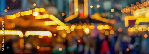 blurred christmas market with defocused lights at the evening, shiny decoration background banner with copy space for traditional retail trade for december holidays photo