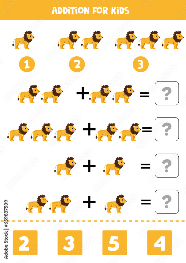 Addition for kids with cute cartoon lion. Addition for kids with cute cartoon lion.