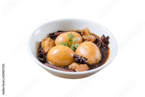 Hard-boiled egg in brown sauce, Golden brown egg or Five spices egg