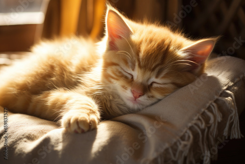 Sleeping Kitten taking a Cozy Afternoon Nap on a Cushion